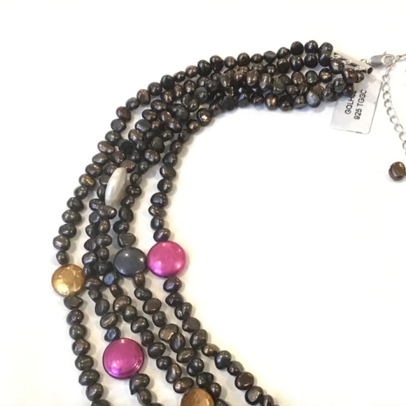 Sterling Silver 5 Row Dark Brown & Multi-Color Coin Pearl Necklace 17 1/2”-19” L - Picture 5 of 5